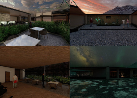 Charred Wooden Shingles and Hexagonal Concrete Columns Defining a Sustainable Dining Experience in a Volcanic Landscape