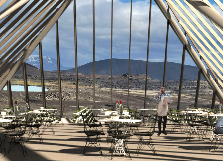 Charred Wooden Shingles Complementing Geothermal Heated Dining Experience Amidst Volcanic Landscape  
