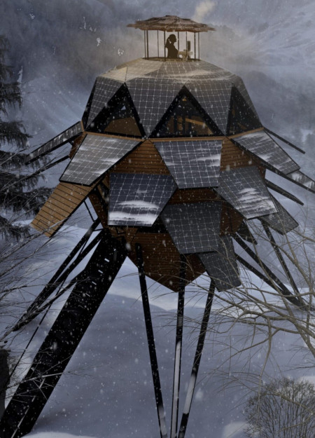 Charred Wooden Shingles and Diagrid Structure Creating a Sustainable Retreat for Forest Guardians  