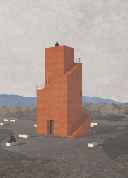 Observation tower constructed with tinted concrete and integrated glass in a volcanic landscape