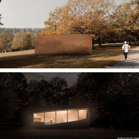 Plywood Cladding and Glass Facade in a Compact Modular Habitat