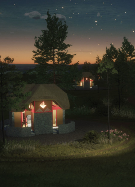 Circular Cabins with Thatch Roofing and Natural Stone Facades for Rural Retreat