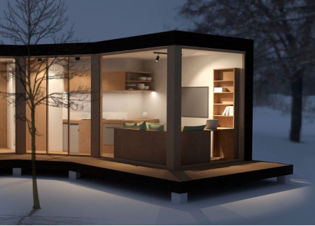 Birch Plywood and Cedar Cladding Embrace a Central Tree in a Tranquil Living Space