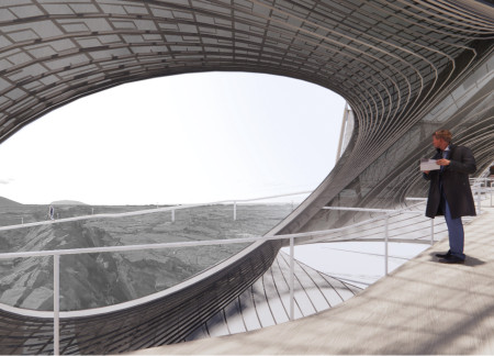 Tensile Fabric Canopy Embracing Glulam Structure Over Cliffside Gathering Space