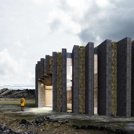Curvilinear Cinema Constructed With Pre-Cast Concrete and Peat Turf Walls Embracing Icelandic Landscapes