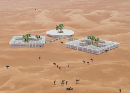 Earth-Based Composite Lodges Utilizing Solar Panels and Habitat Enhancement Techniques in Arid Landscapes
