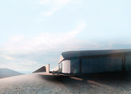 Rammed Earth Walls Flanking Cross-Laminated Timber Observation Point Nestled in Volcanic Landscape
