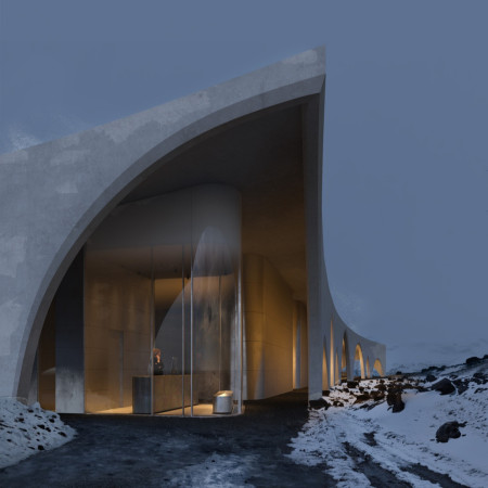 Curved Concrete Roof Integrating Natural Light and Volcanic Landscape In A Community Center