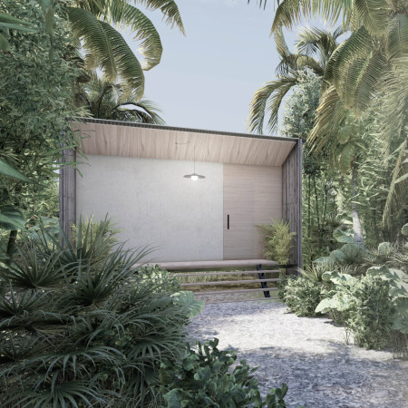 Sustainable retreat featuring cross-laminated timber and charred wooden shingles in a natural landscape