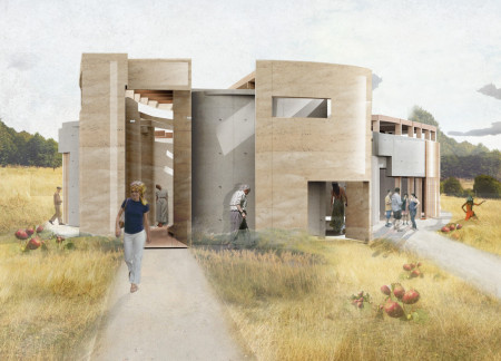Rammed Earth Community Hub With Spiraled Layout and Natural Light Integration