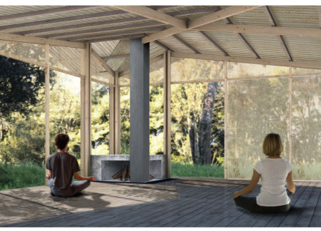 Translucent Fabric Membrane and Weathered Steel Envelop a Circular Retreat for Mindfulness  