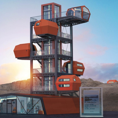 Geothermal Shelter Tower With Panoramic Glass Facade Nestled in Volcanic Landscape