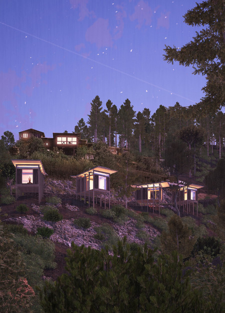 Meditation retreat featuring cross-laminated timber panels and charred wooden shingles in harmony with the landscape  