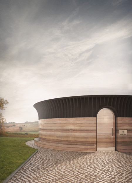 Tasting Room Featuring Curved Timber Roofing and Reinforced Rammed Earth Construction  
