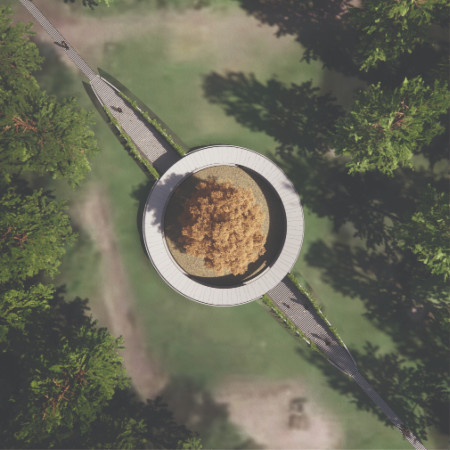Translucent Marble Niches Embraced by Woodland Canopy in a Circular Columbarium  