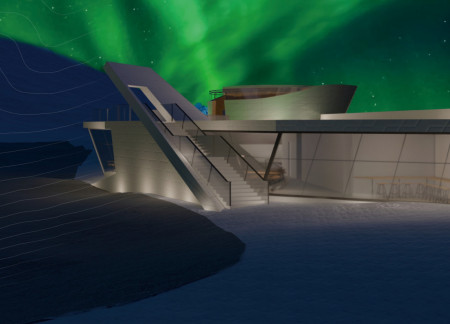 Reflective Metal Facade Mimicking Glacial Flows in a Contemporary Coffee Shop