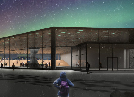 Geometric Glazing and Natural Stone Frame Embrace Cinematic Experiences in a Community Pavilion