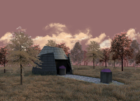 Conical Meditation Cabin Wrapped in Charred Wooden Shingles and Natural Stone Elements  
