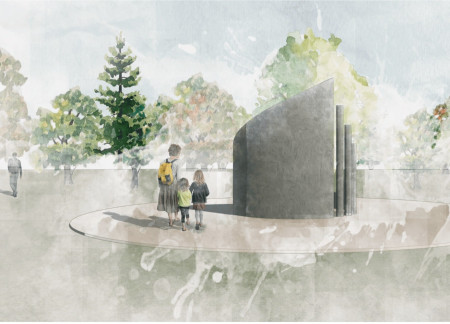 Reflective Granite Memorial With Concrete Columns Amidst Emphasized Collective Remembrance
