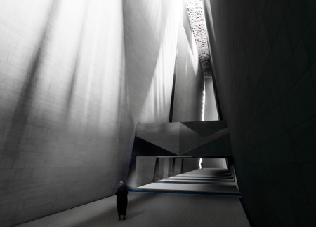Translucent Glass and Concrete Structure Embracing Natural Light Through Angular Form  