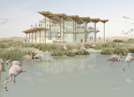 Canopy Structure Crafted From Glass Reinforced Concrete and Timber Panels Overlooking Al Wathba Wetlands  
