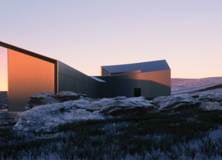 Geological Formations Captured in Weathered Steel and Monolithic Stone for a Visitor Center Amid Volcanic Landscape