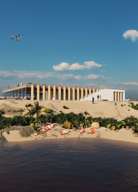 Palm-Leaf Canopy Enhancing Wetland Views in a Concrete Visitor Center