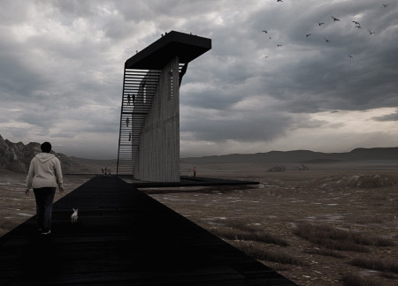 Charred Wooden Shingles and Concrete Elevation Enhancing Volcanic Landscape Viewing Experience