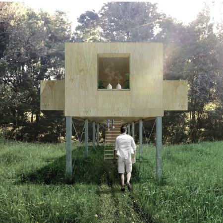 Elevated Meditation Pavilion Crafted with Marine Plywood and Steel Structures Amongst Lush Foliage