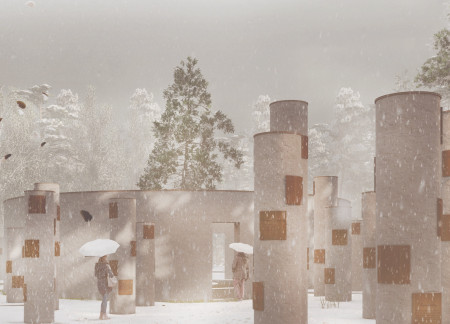 Cylindrical Columns of Concrete and Reflective Water Features Enhance Contemplative Memorial Space