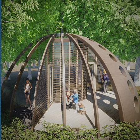 Circular Glass Openings Framing Natural Light in Sustainable Timber Structure 