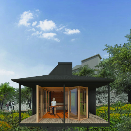 Mixed-use community hub featuring cross-laminated timber panels and charred wood shingles for sustainable urban living