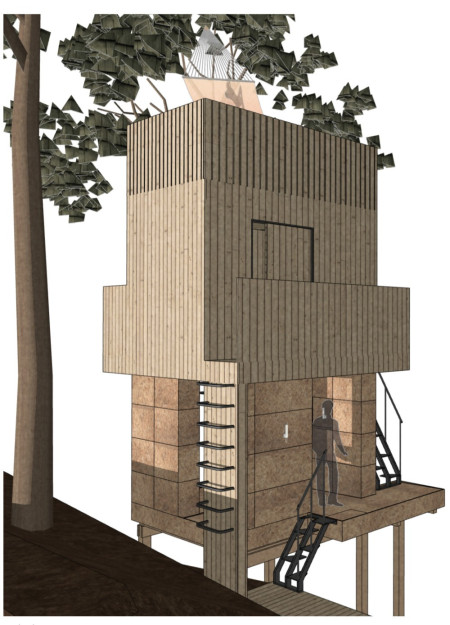 Cork-Block Structure Elevated Among Canopies for Restorative Living