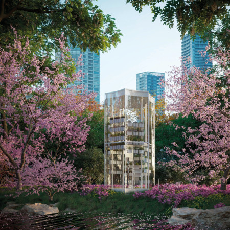 Translucent Glass Facade Embracing Natural Materials in a Tranquil Urban Retreat