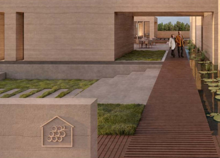 Rammed Earth Structures Embracing Natural Light with Sustainable Water Features