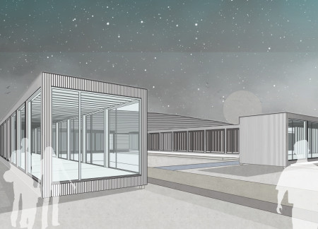 Lava-Inspired Modular Structure Featuring Local Wood and Expansive Glass Elements for Community Engagement