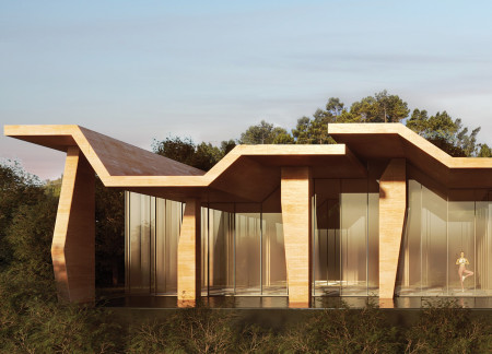 Sculptural Roof of Colored Concrete and Photovoltaic Integration for a Tranquil Retreat Space