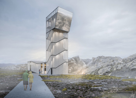 Natural Wood Brown and Expanded Metal Create a Tectonic Viewing Center Emphasizing Geological Awareness