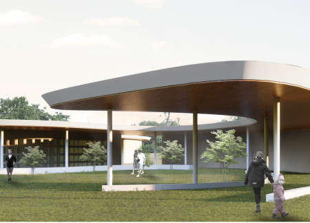 Charred Wooden Shingles and Curvilinear Pathways in a Community Memorial Space