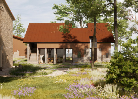 Charred Wooden Shingles and Stone Walls Create Connected Guest Homes Embraced by Nature  