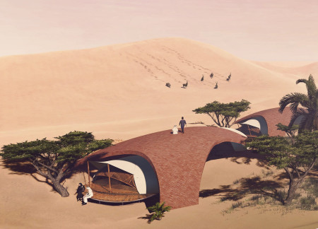 Sustainable Lodging Crafted from Palm-Frond Canopies and Dacron Fabric in the Desert Landscape