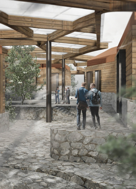 Charred Wood Shingles and Basalt Stone Create a Community Hub Embracing Sustainable Living