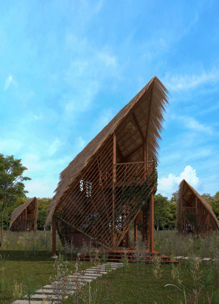 Bamboo Framework with Thatched Roofs Emphasizing Community Living in Rural Cambodia
