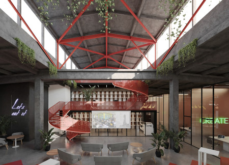 Spiral Steel Staircase and Biophilic Design in a Versatile Urban Workspace