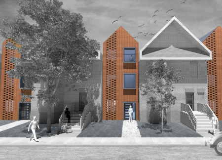 Affordable housing solution featuring modular panels and sustainable brick construction in Toronto's urban landscape