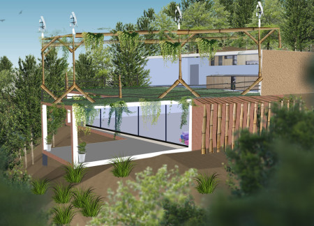 Vertical Windmill and Bamboo Roof Define Sustainable Living in Recycled Shipping Containers