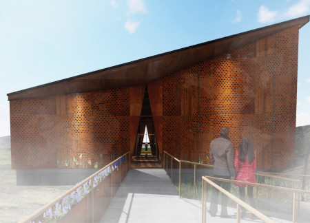 Perforated Metal Façade and Weathered Steel Blend in a Visitor Center Embracing Geothermal Landscapes