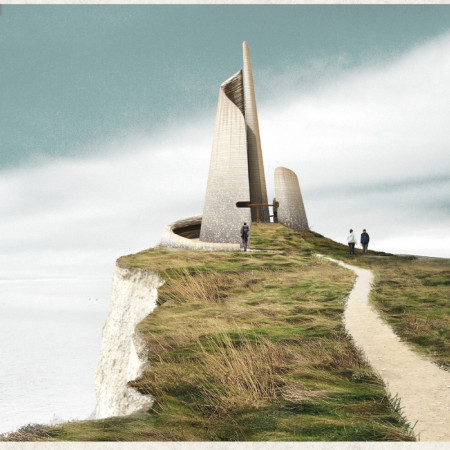 Ramped Earth Forms and Copper Accents Defining a Coastal Reflection Space
