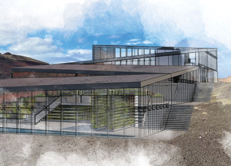 Geothermal Building with Exposed Concrete and Aquaponic Features for Sustainable Dining