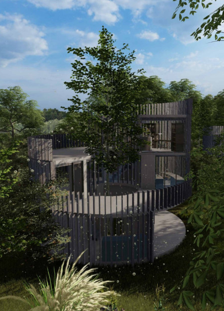 Living Among Trees With Louvered Facades and Natural Wood Elements